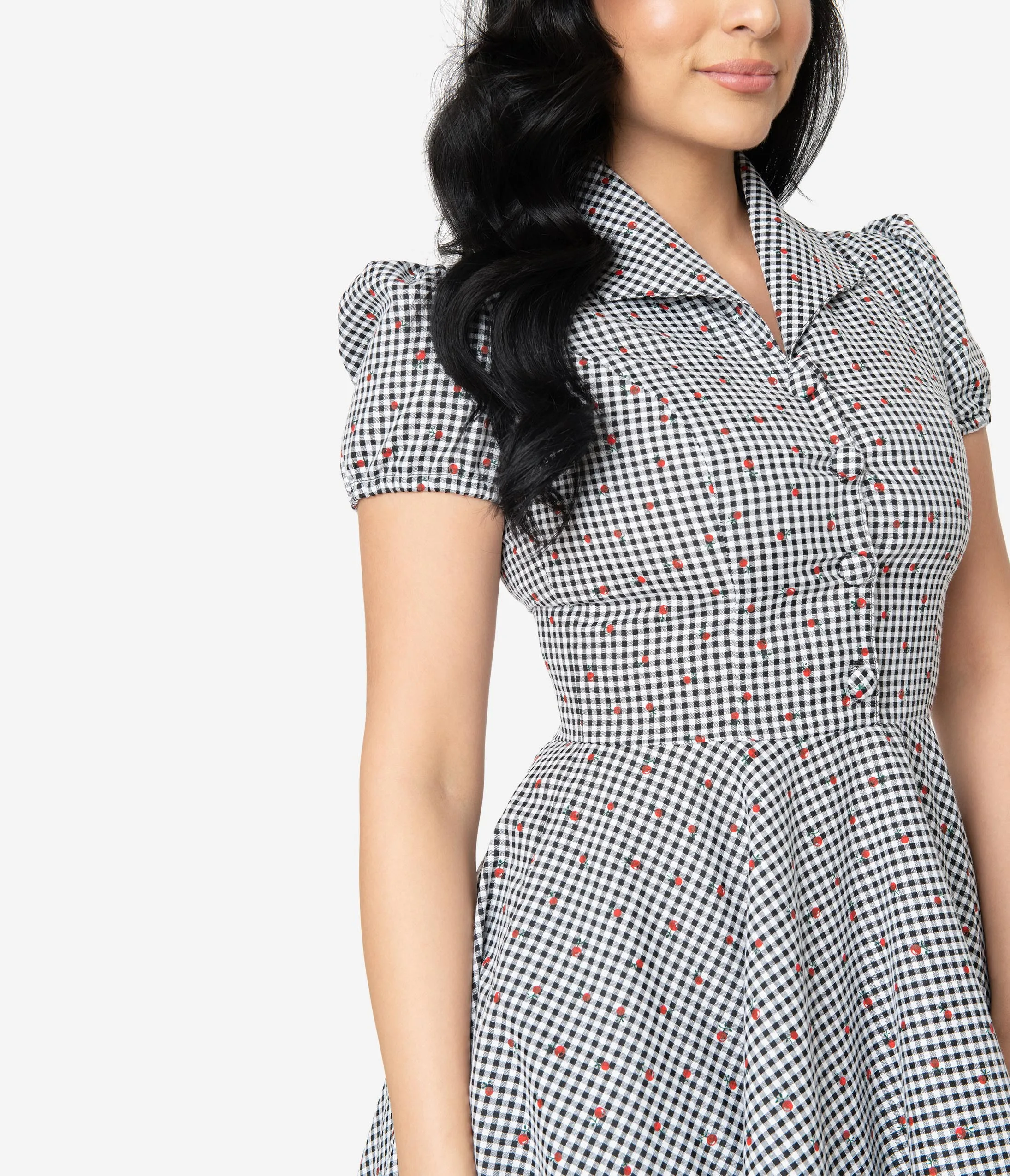 1950s Style Black & White Gingham and Red Cherries Mona Swing Dress