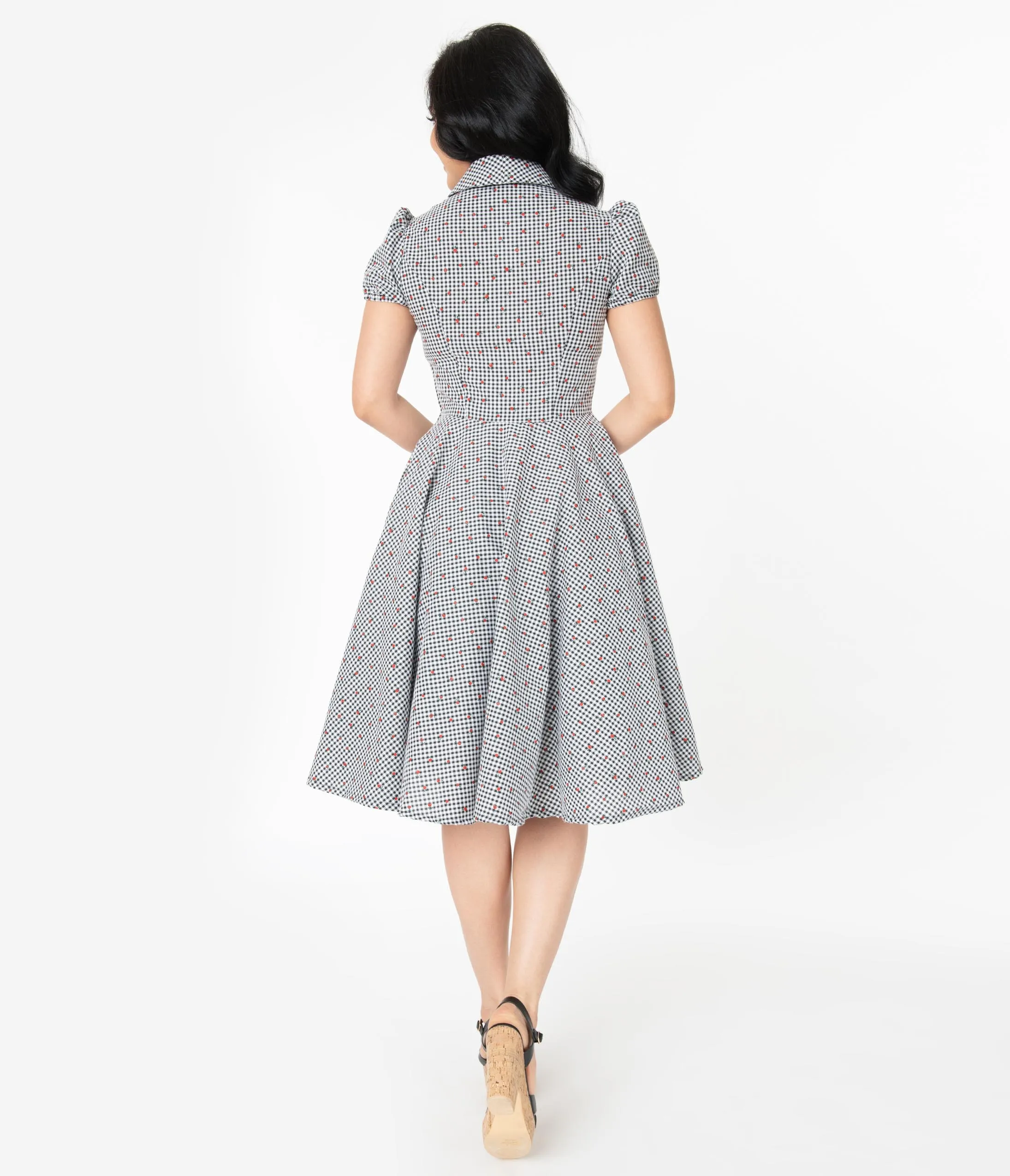 1950s Style Black & White Gingham and Red Cherries Mona Swing Dress