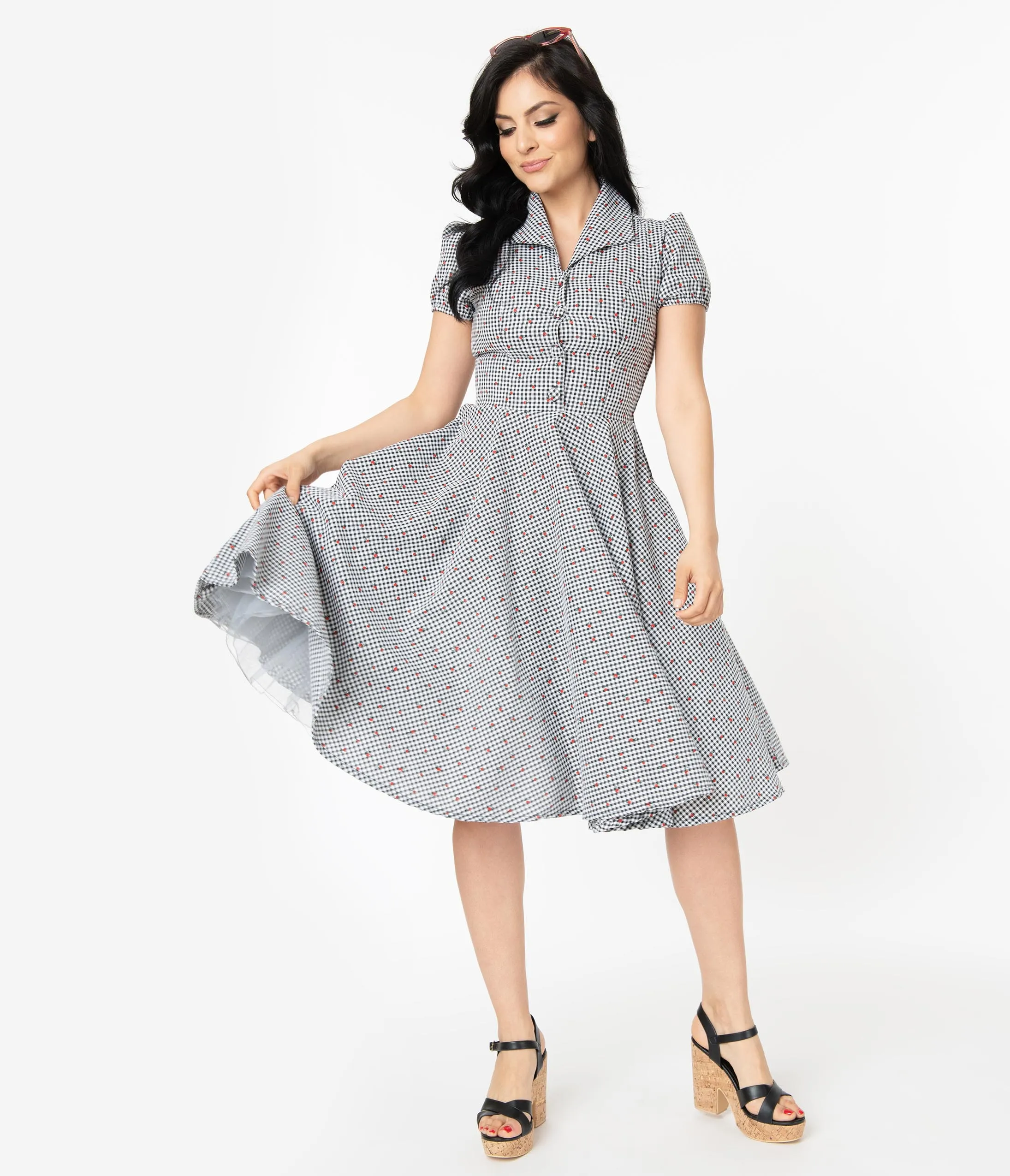 1950s Style Black & White Gingham and Red Cherries Mona Swing Dress