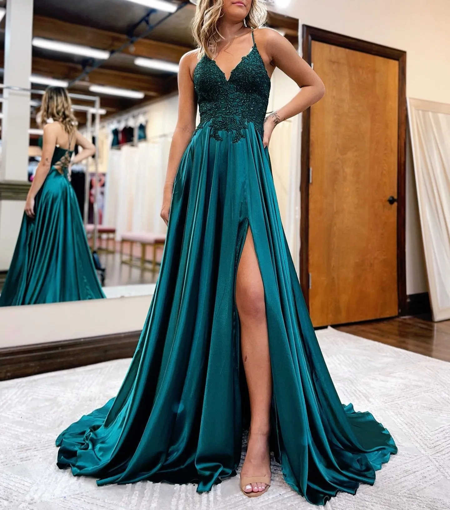 A-line Spaghetti Straps Corset Back Prom Dress With Split