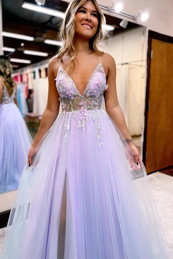 A-line Spaghetti Straps Slit Tulle V-Neck Prom Dresses