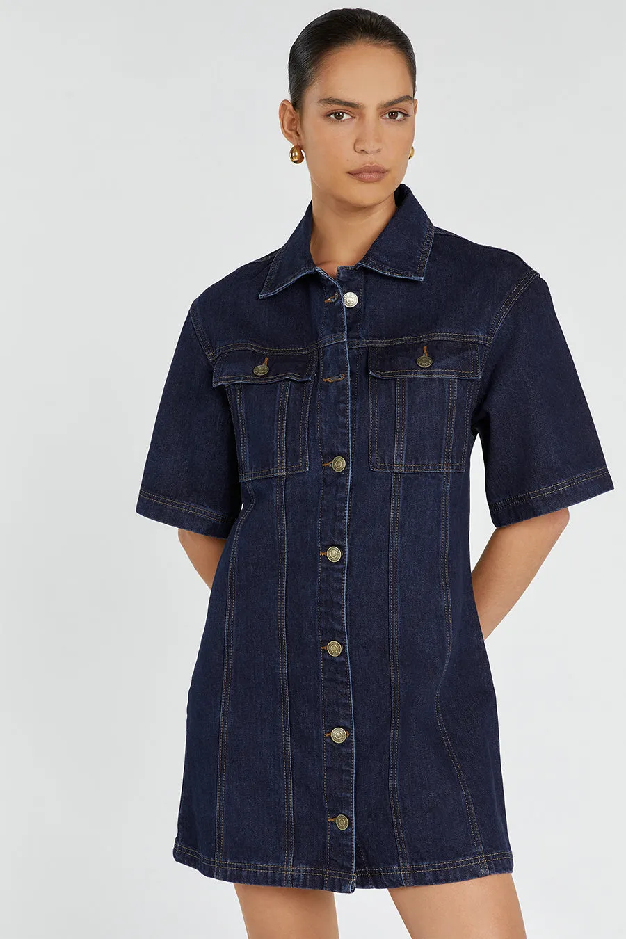 ALFRED INDIGO DENIM MINI DRESS