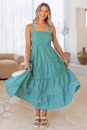 April Shirred Maxi Dress Green Gingham