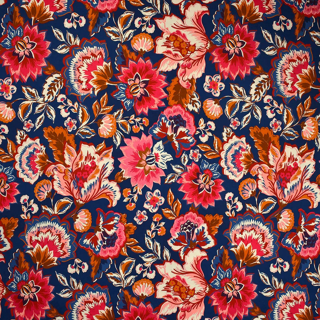 Artistic Jacobean Floral Stretch Rayon Twill Shirting Navy/Fuchsia