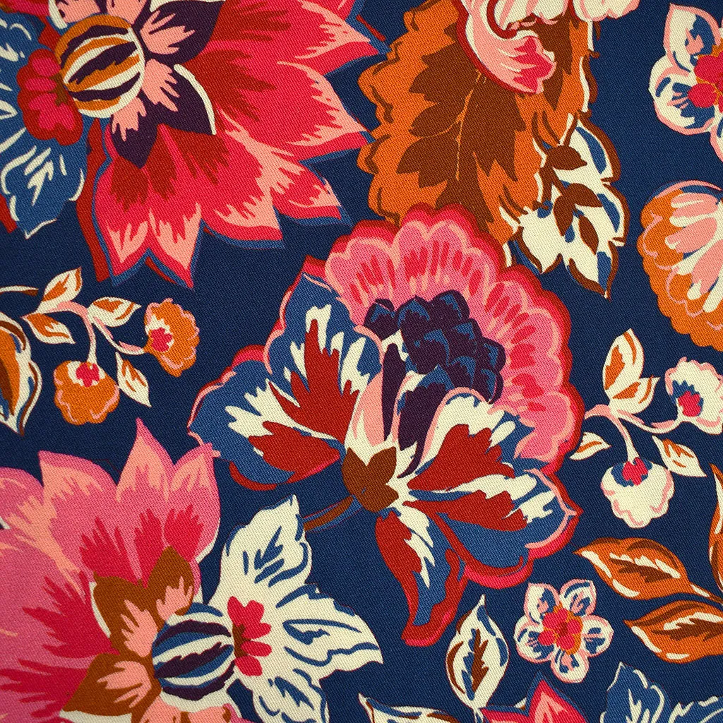 Artistic Jacobean Floral Stretch Rayon Twill Shirting Navy/Fuchsia