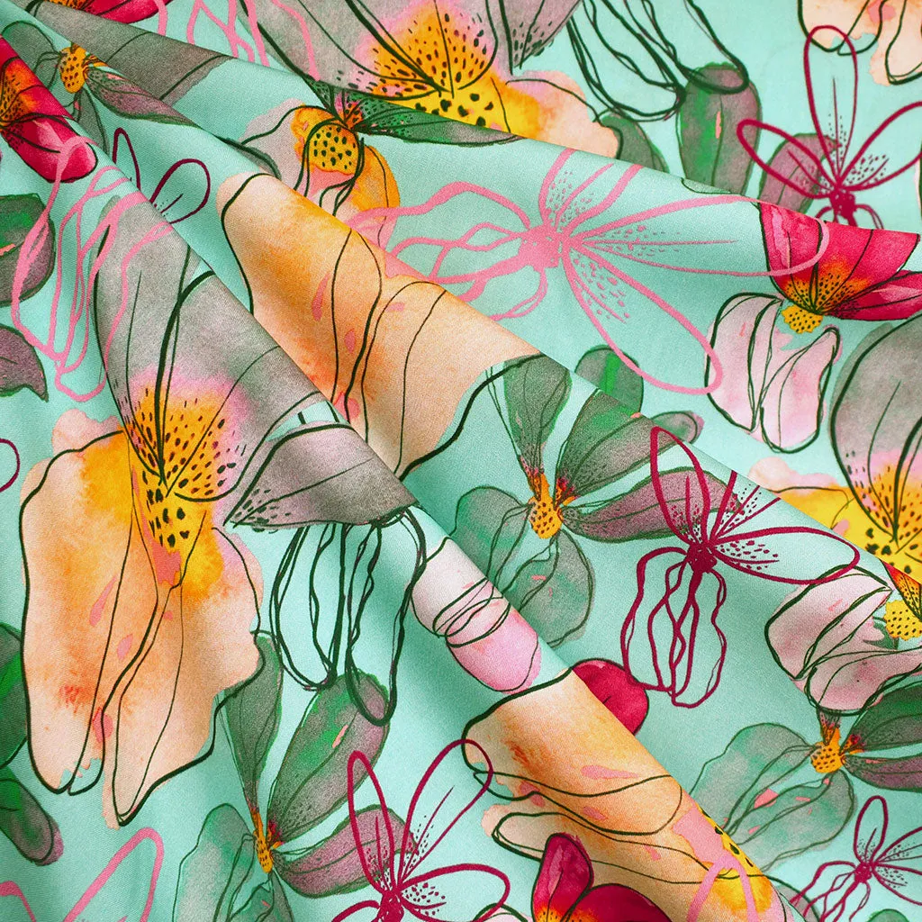 Artistic Orchid Floral Digital Print Rayon Challis Aqua/Coral