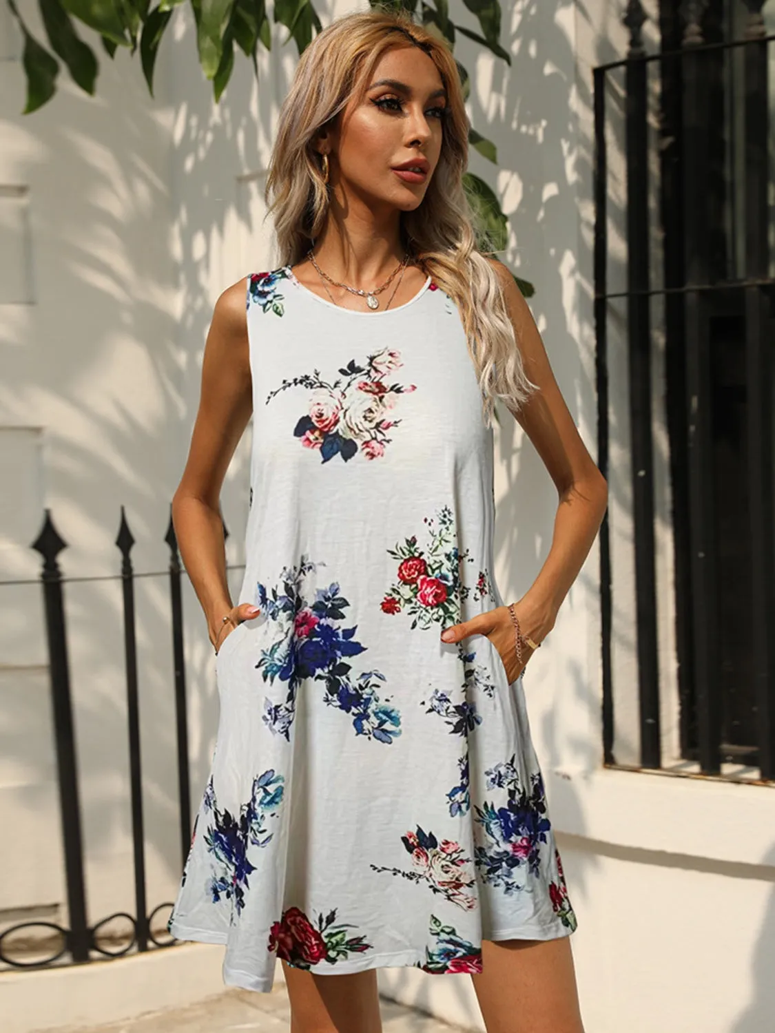 Artistic Printed Round Neck Sleeveless Dress with Pockets