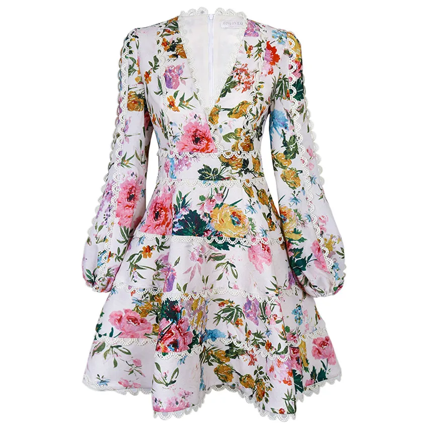 Aviva on Earth -Long Puff Sleeve Deep V-Neck Floral Fit & Flare Dress