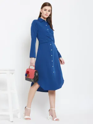 Berrylush Women Solid Blue Collared Neck Button-Up Curved Midi Shirt Dress