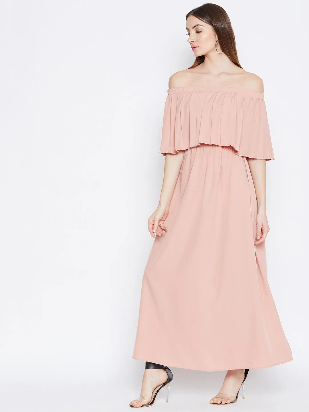 Berrylush Women Solid Pink Off-Shoulder Neck Cold-Shoulder Sleeves Flared Maxi Dress