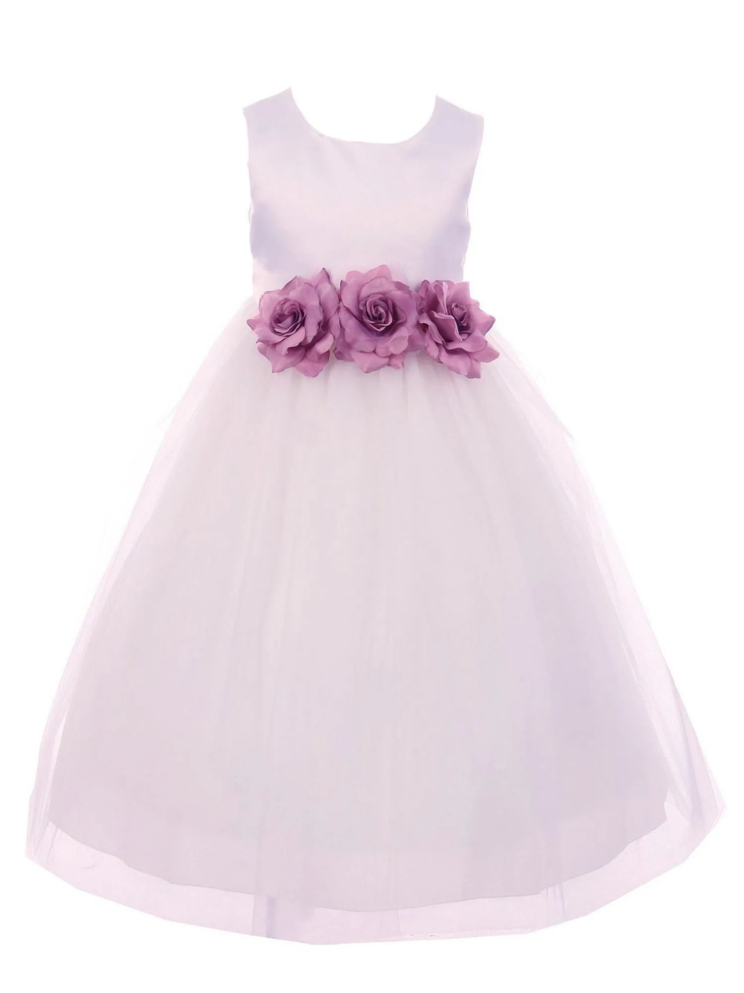 Big Girls White Mauve Floral Satin Junior Bridesmaid Dress 8-14