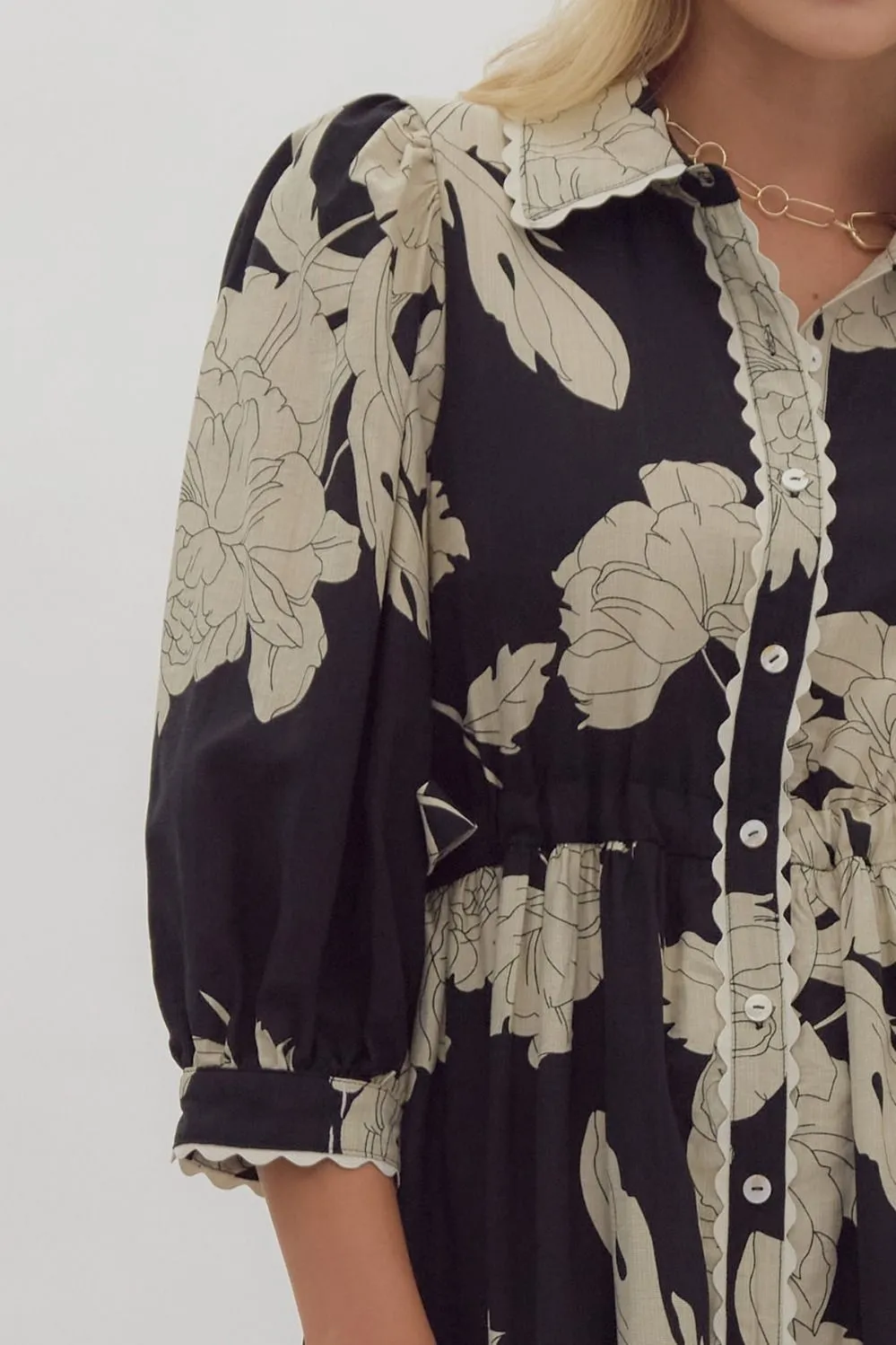 Black & Cream Floral Print Midi Dress