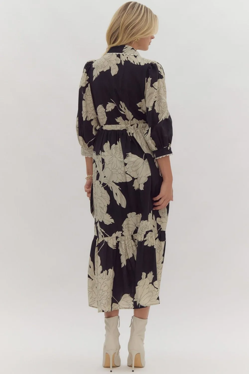 Black & Cream Floral Print Midi Dress