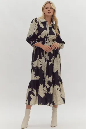 Black & Cream Floral Print Midi Dress