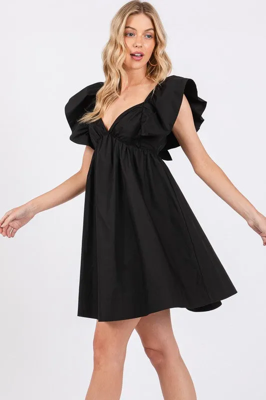 Black Poplin Ruffle Sleeve Tie Back Dress