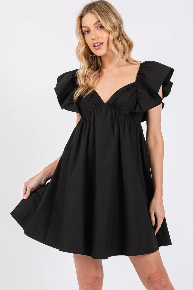 Black Poplin Ruffle Sleeve Tie Back Dress