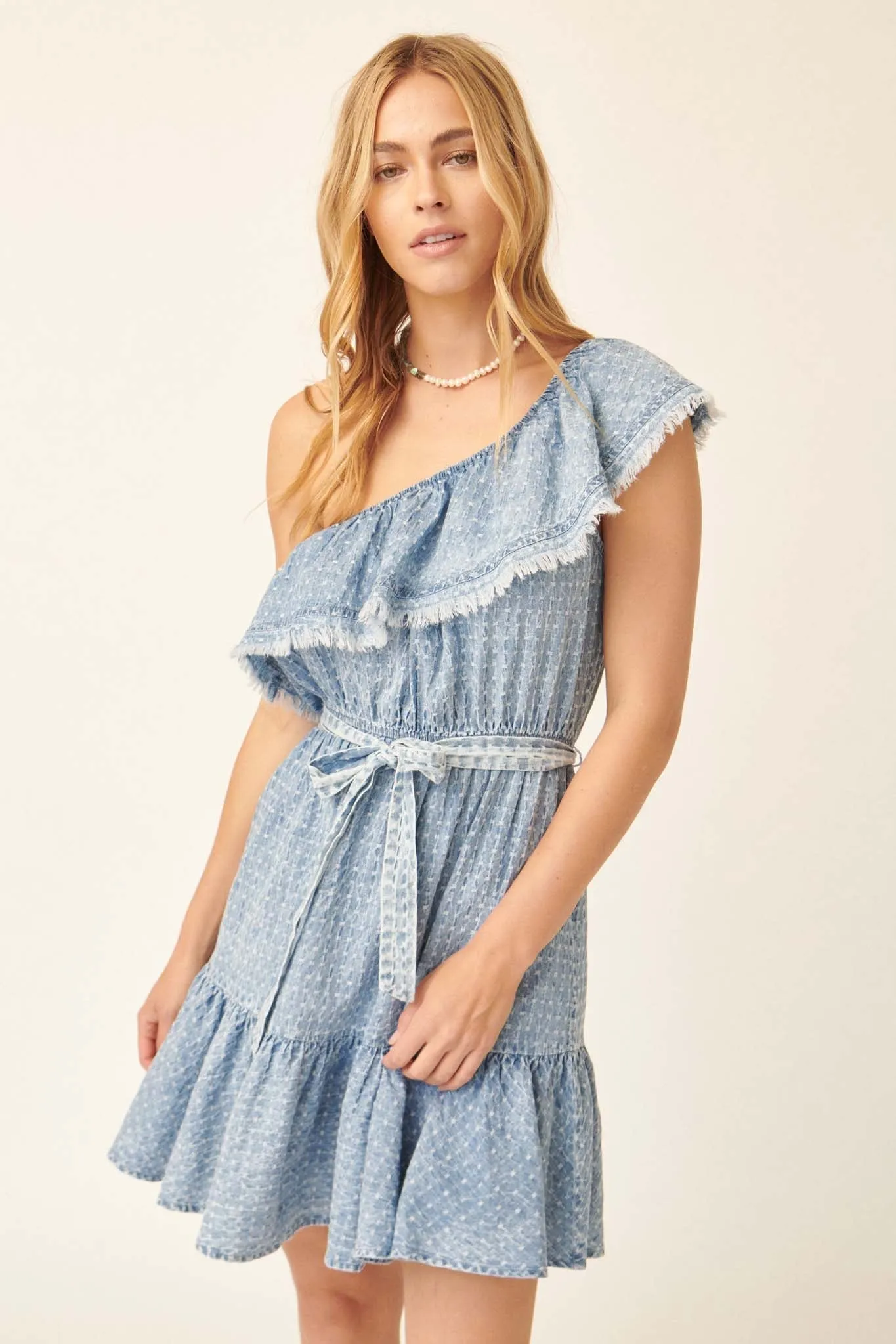 Blue Skies Ruffled One-Shoulder Denim Mini Dress