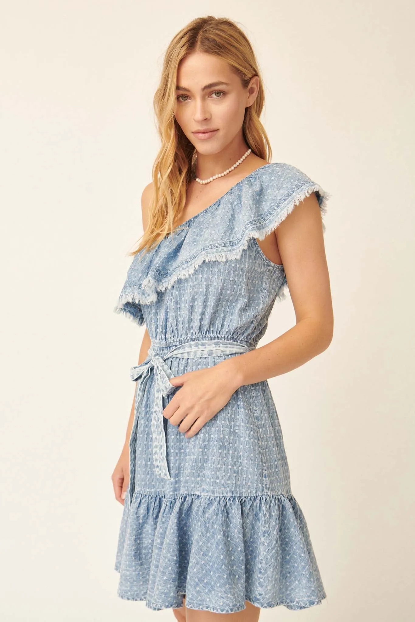 Blue Skies Ruffled One-Shoulder Denim Mini Dress