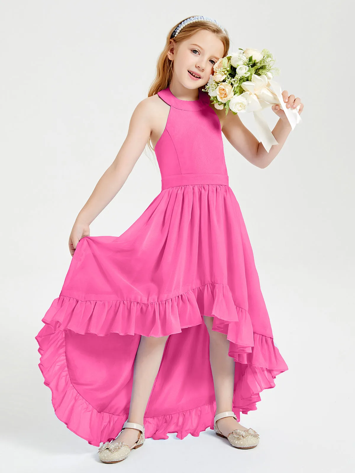 Boho Junior Bridesmaid Dresses Asymmetrical Cascading Skirt Azalea