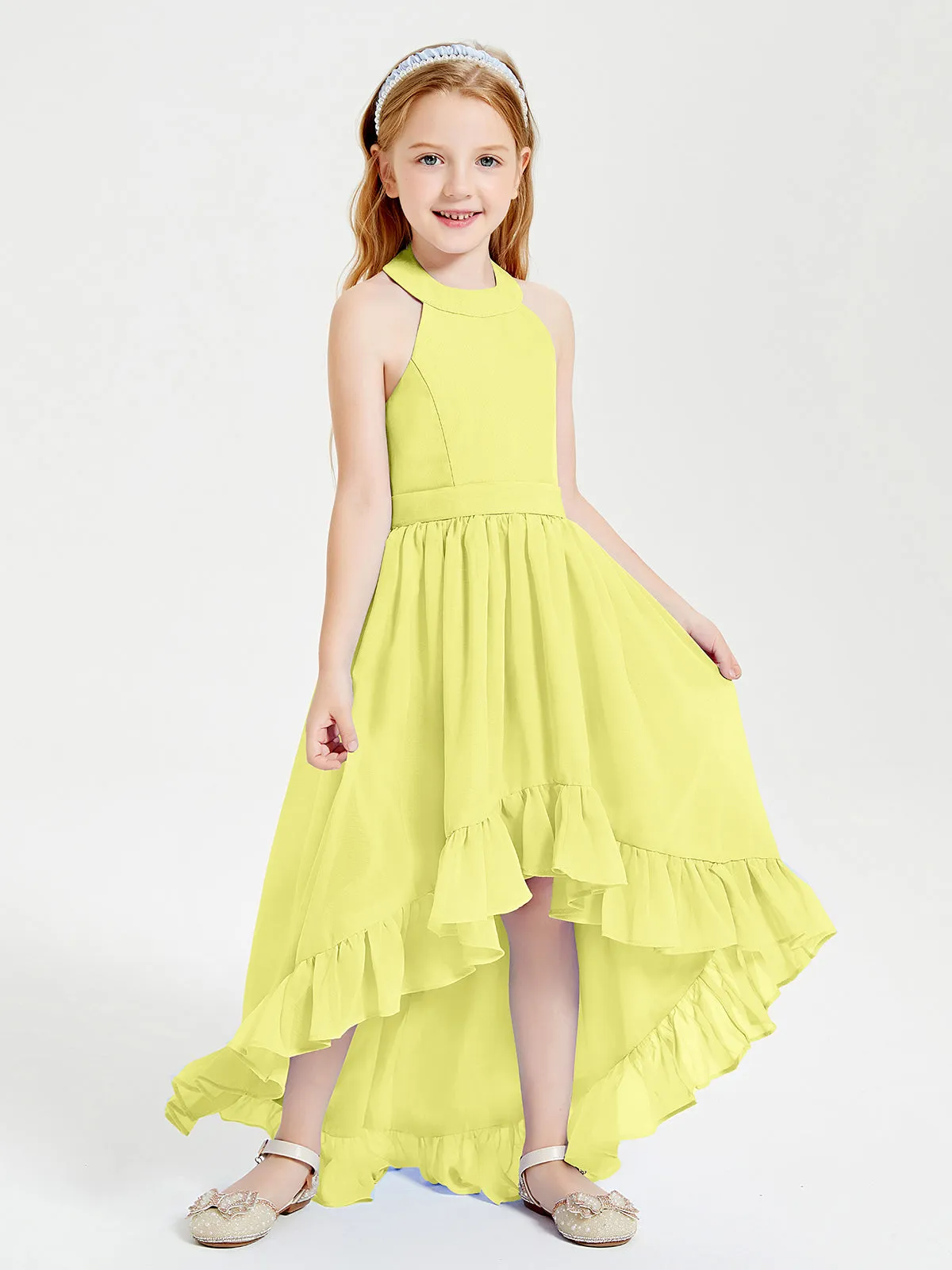 Boho Junior Bridesmaid Dresses Asymmetrical Cascading Skirt Daffodil