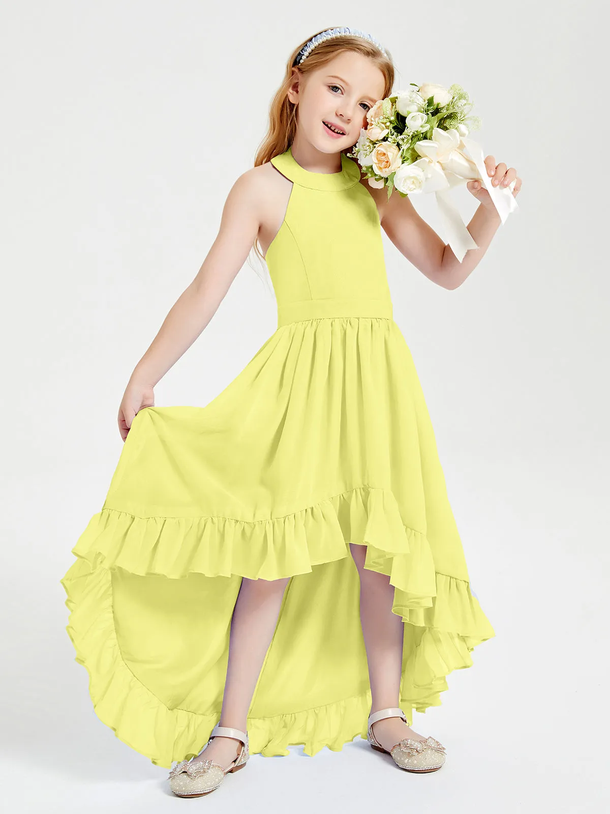 Boho Junior Bridesmaid Dresses Asymmetrical Cascading Skirt Daffodil