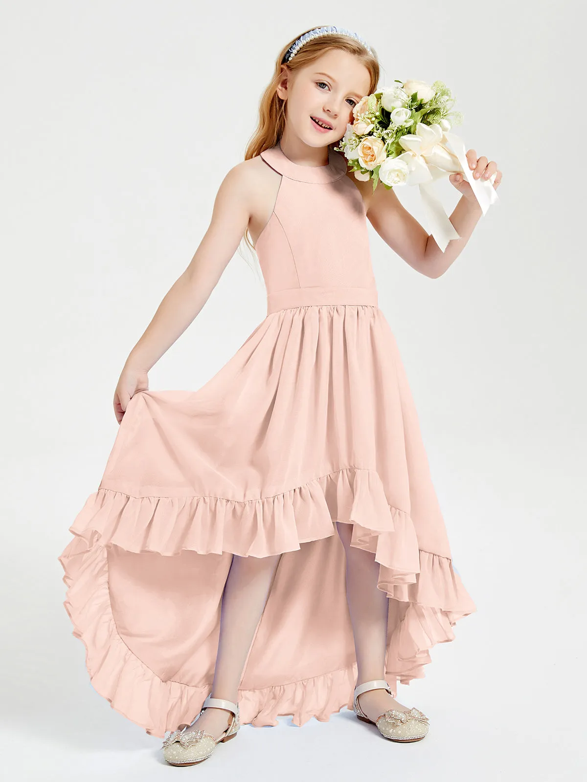 Boho Junior Bridesmaid Dresses Asymmetrical Cascading Skirt Pearl Pink