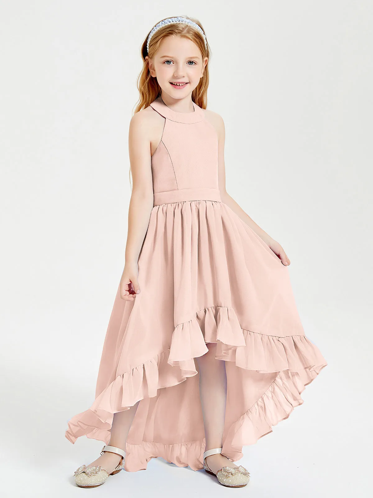 Boho Junior Bridesmaid Dresses Asymmetrical Cascading Skirt Pearl Pink