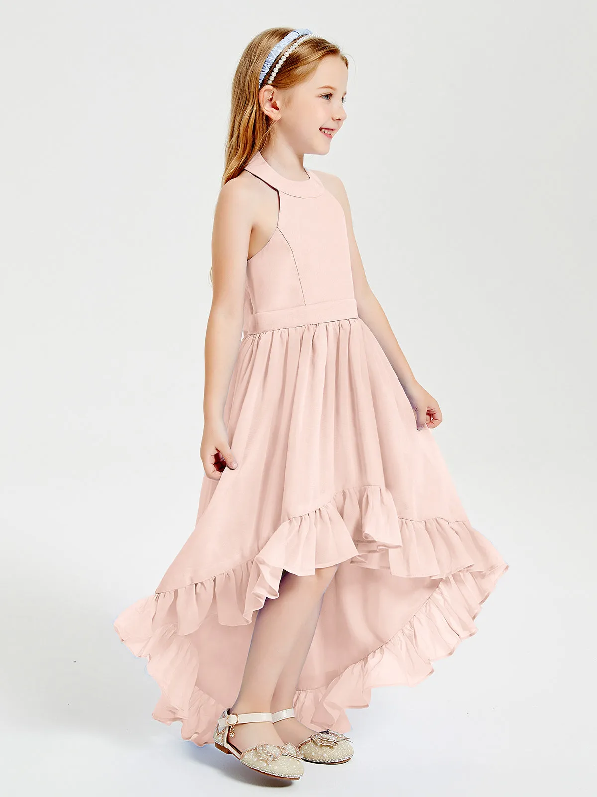 Boho Junior Bridesmaid Dresses Asymmetrical Cascading Skirt Pearl Pink