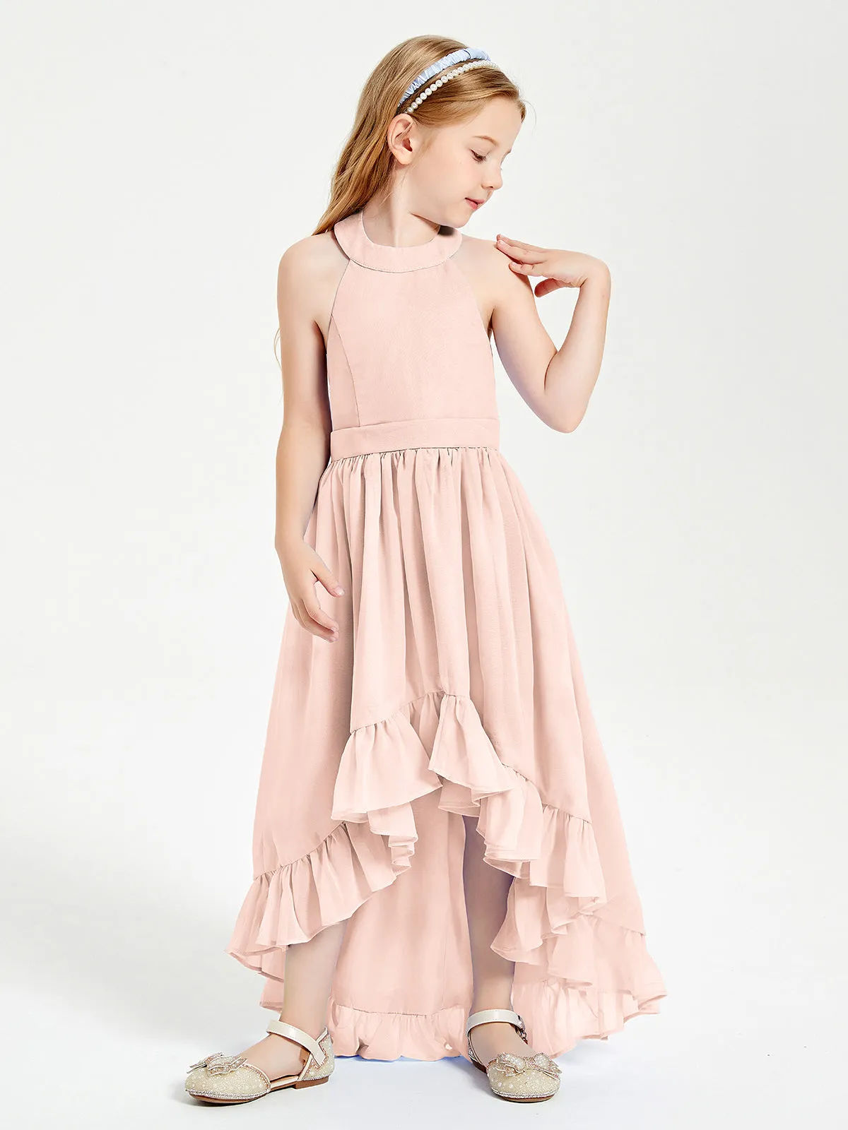 Boho Junior Bridesmaid Dresses Asymmetrical Cascading Skirt Pearl Pink