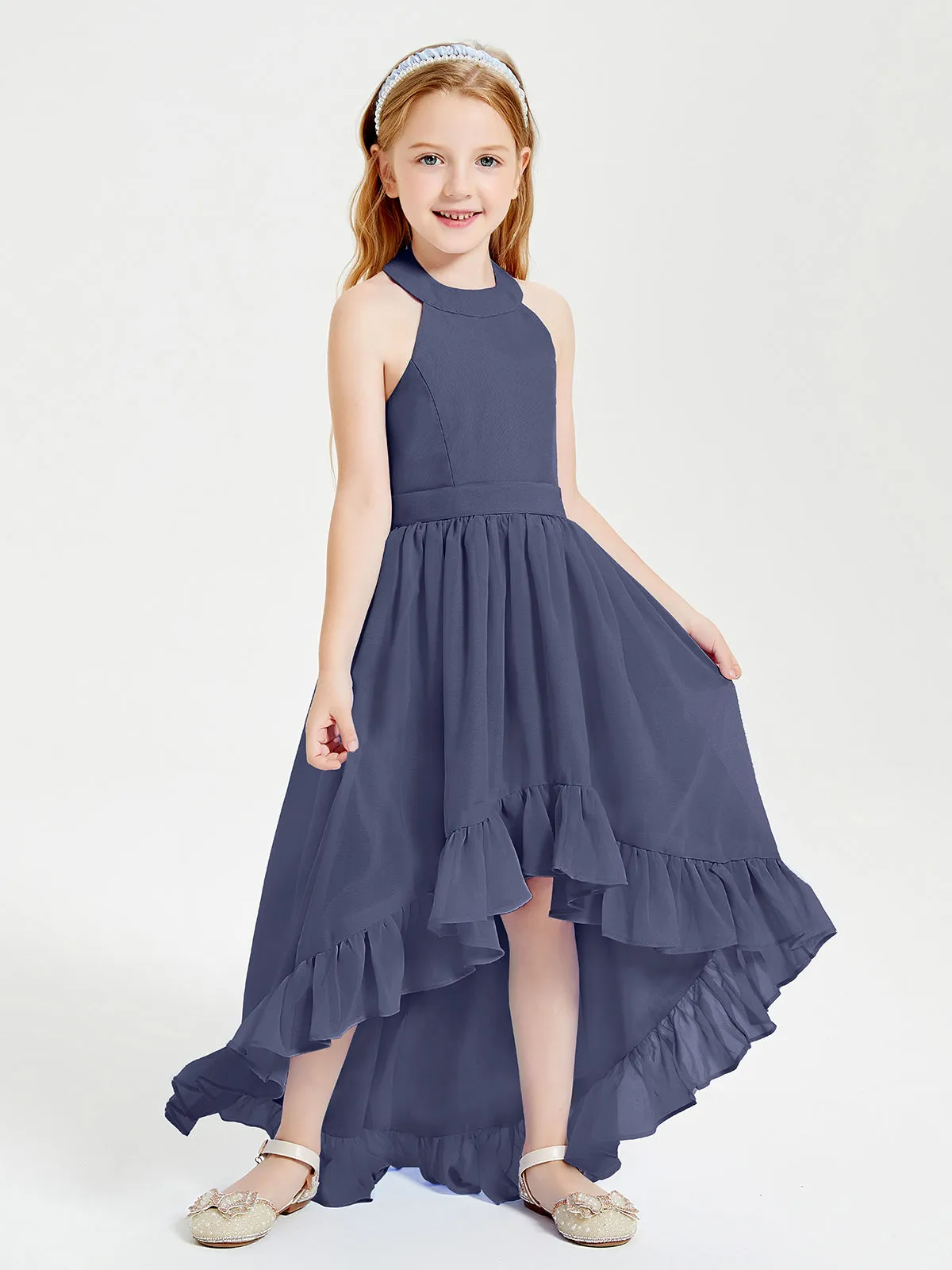 Boho Junior Bridesmaid Dresses Asymmetrical Cascading Skirt Stormy