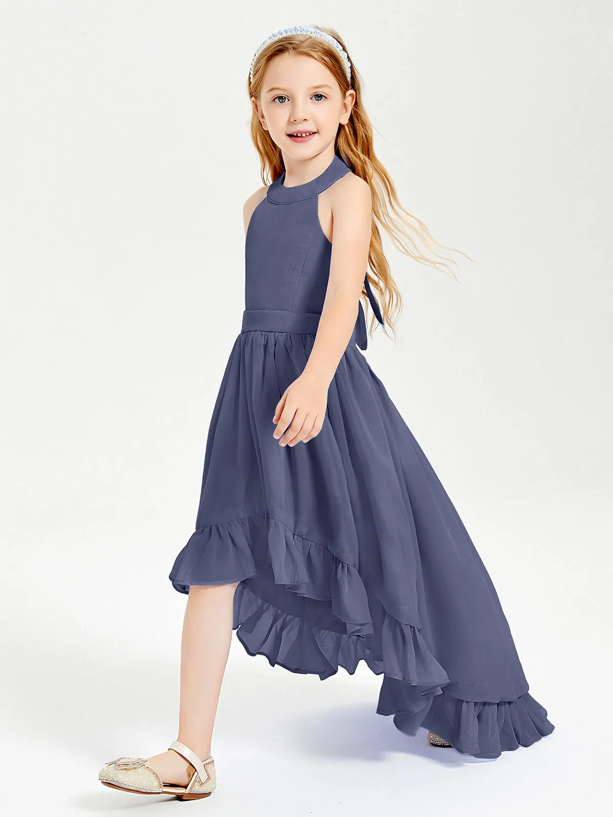 Boho Junior Bridesmaid Dresses Asymmetrical Cascading Skirt Stormy