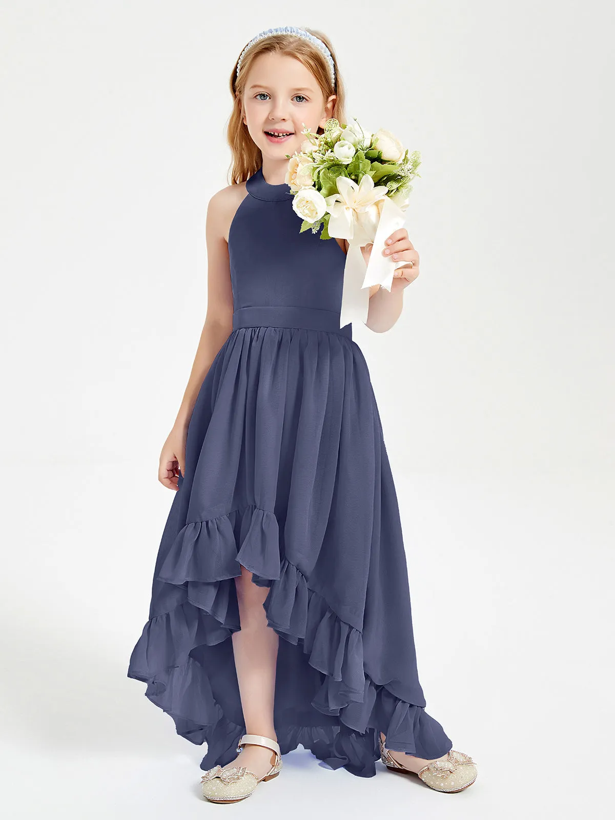 Boho Junior Bridesmaid Dresses Asymmetrical Cascading Skirt Stormy