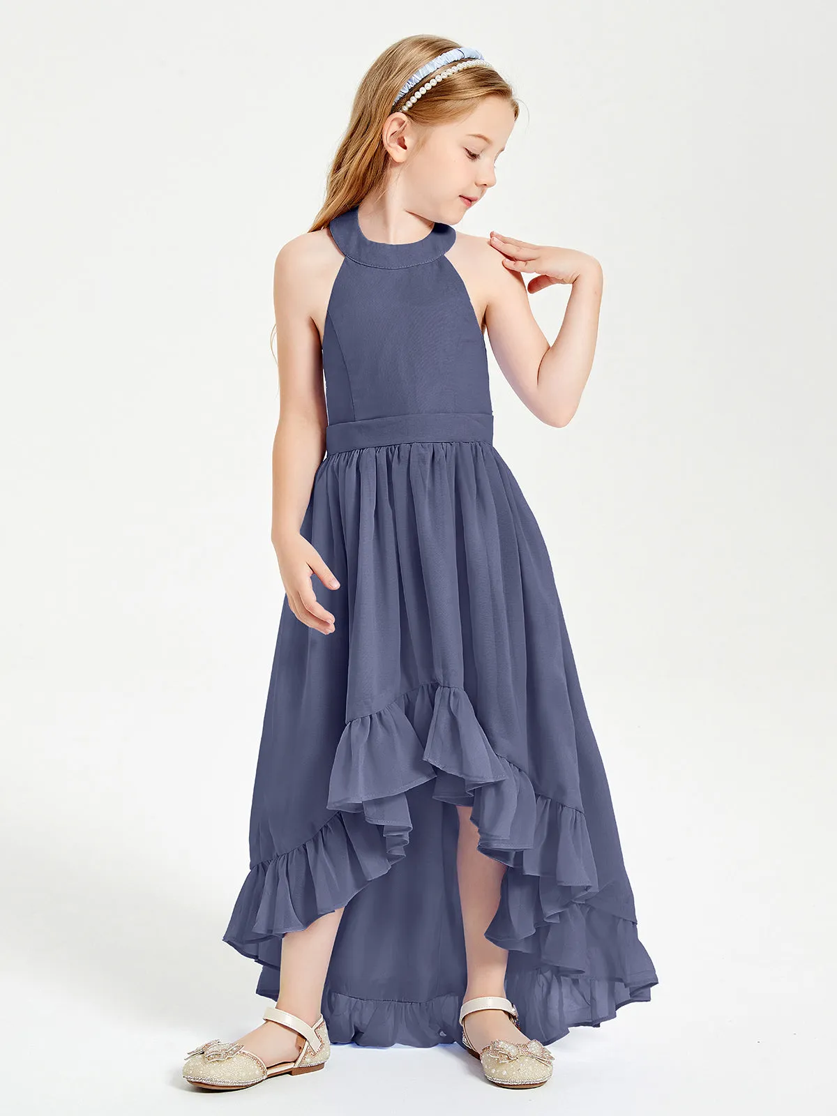 Boho Junior Bridesmaid Dresses Asymmetrical Cascading Skirt Stormy