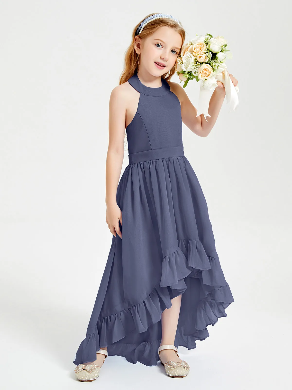 Boho Junior Bridesmaid Dresses Asymmetrical Cascading Skirt Stormy