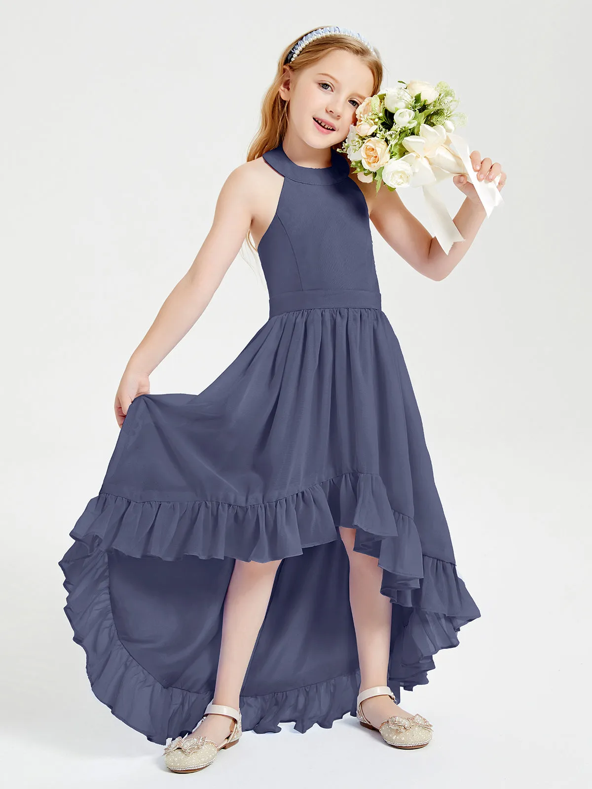 Boho Junior Bridesmaid Dresses Asymmetrical Cascading Skirt Stormy