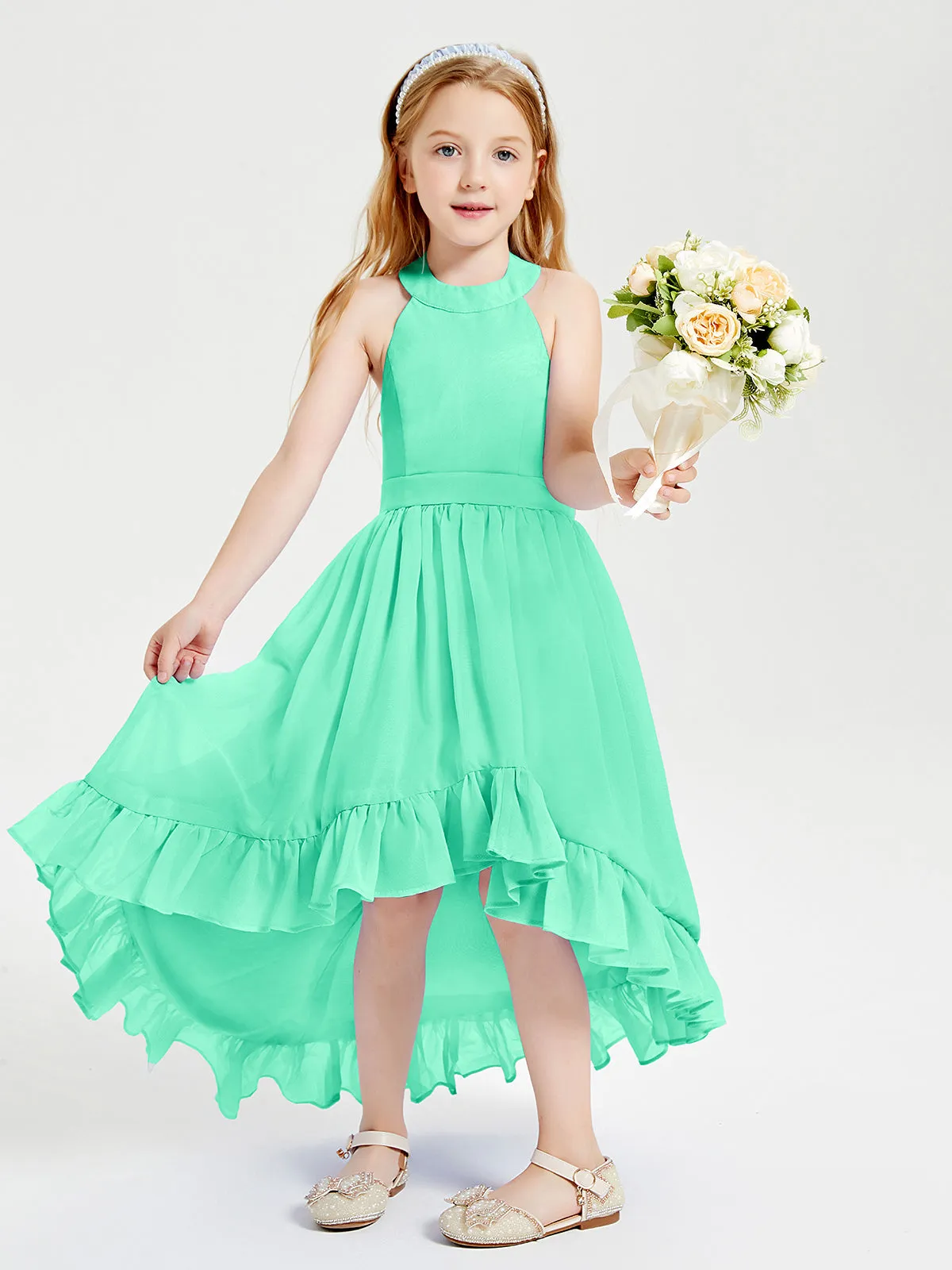 Boho Junior Bridesmaid Dresses Asymmetrical Cascading Skirt Turquoise