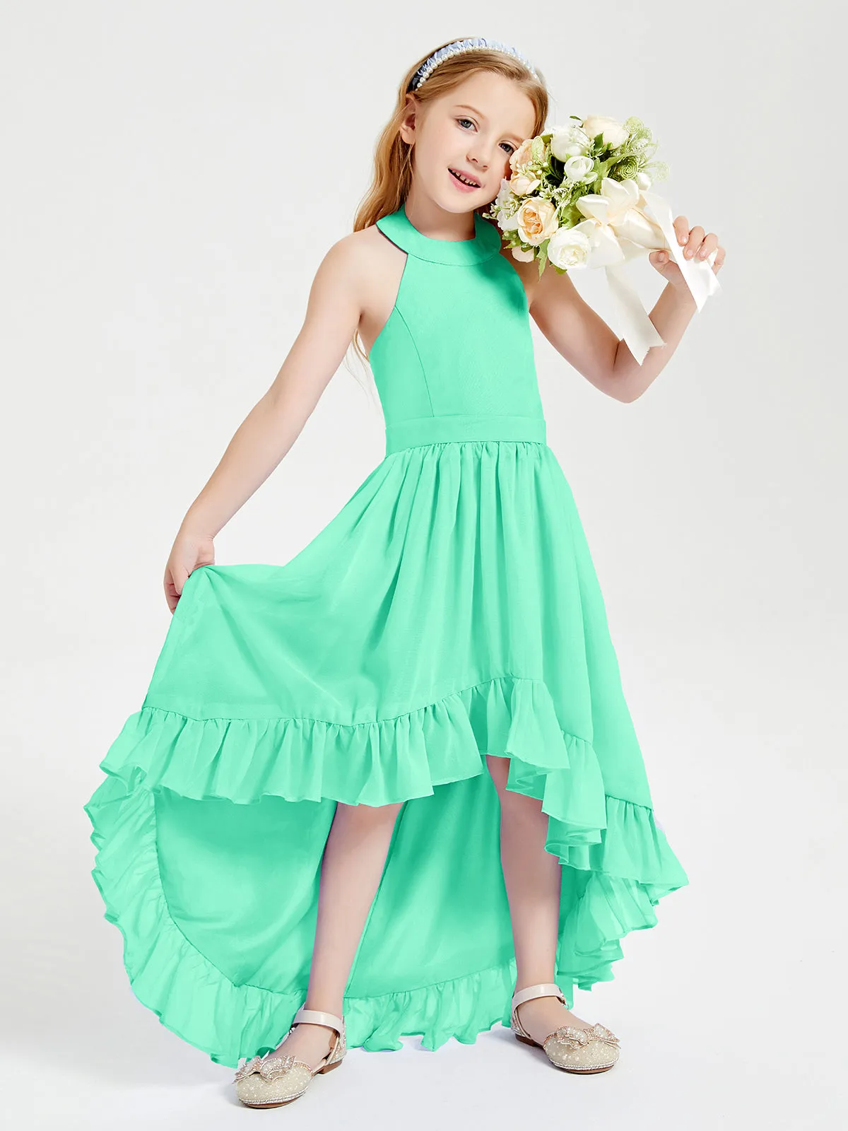 Boho Junior Bridesmaid Dresses Asymmetrical Cascading Skirt Turquoise