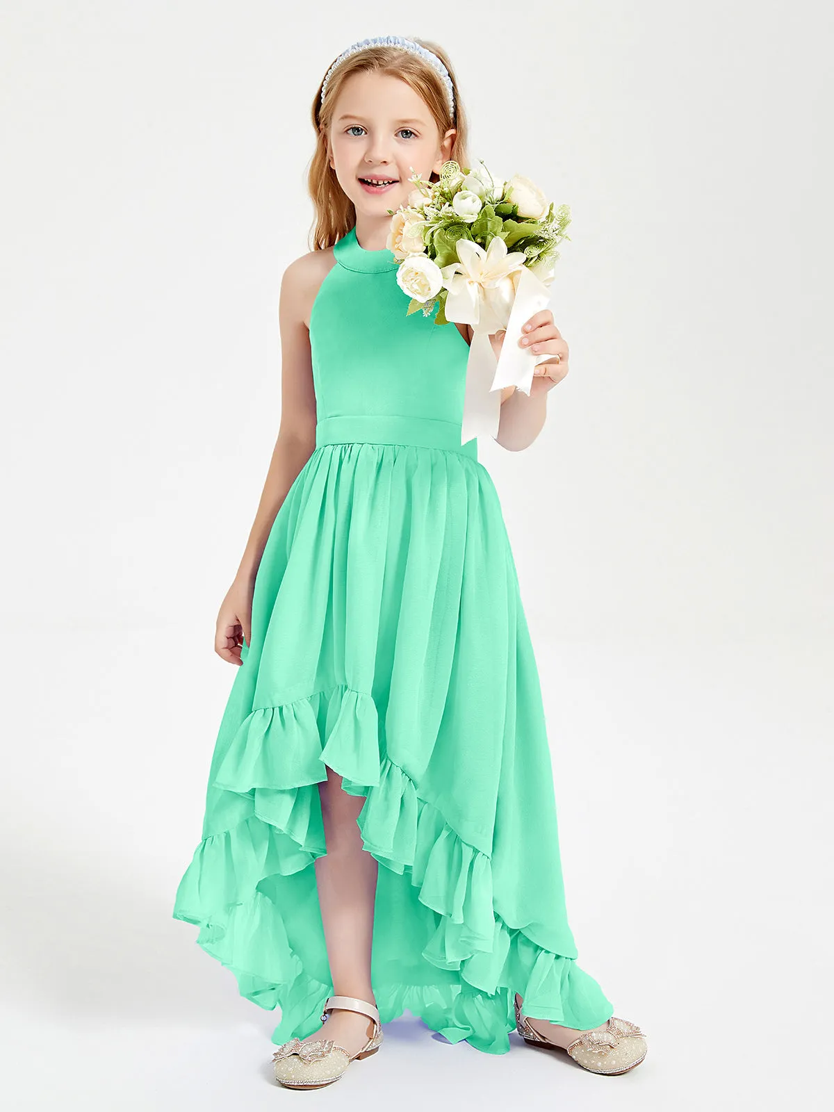 Boho Junior Bridesmaid Dresses Asymmetrical Cascading Skirt Turquoise