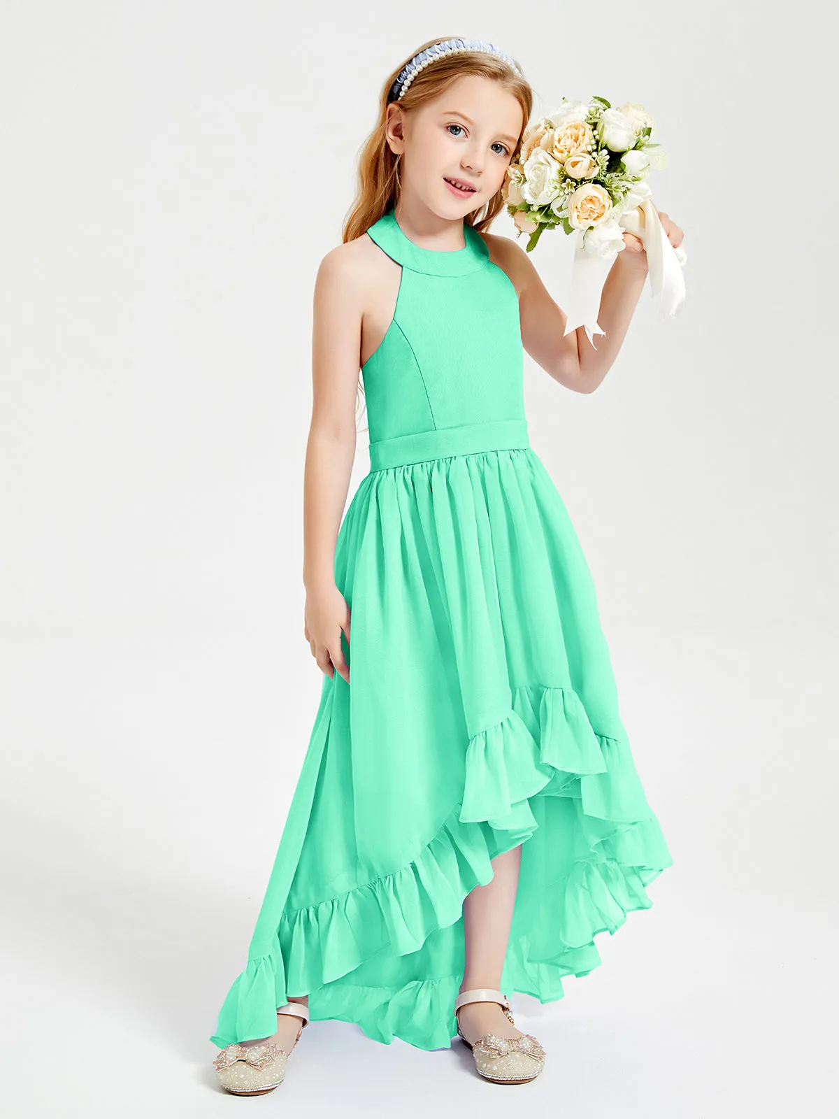 Boho Junior Bridesmaid Dresses Asymmetrical Cascading Skirt Turquoise