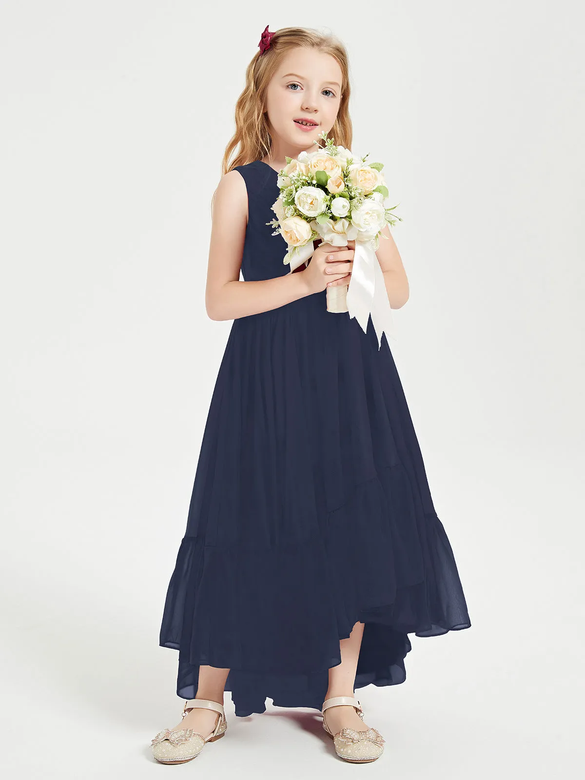 Boho Junior Bridesmaid Dresses Cascading Skirt Dark Navy