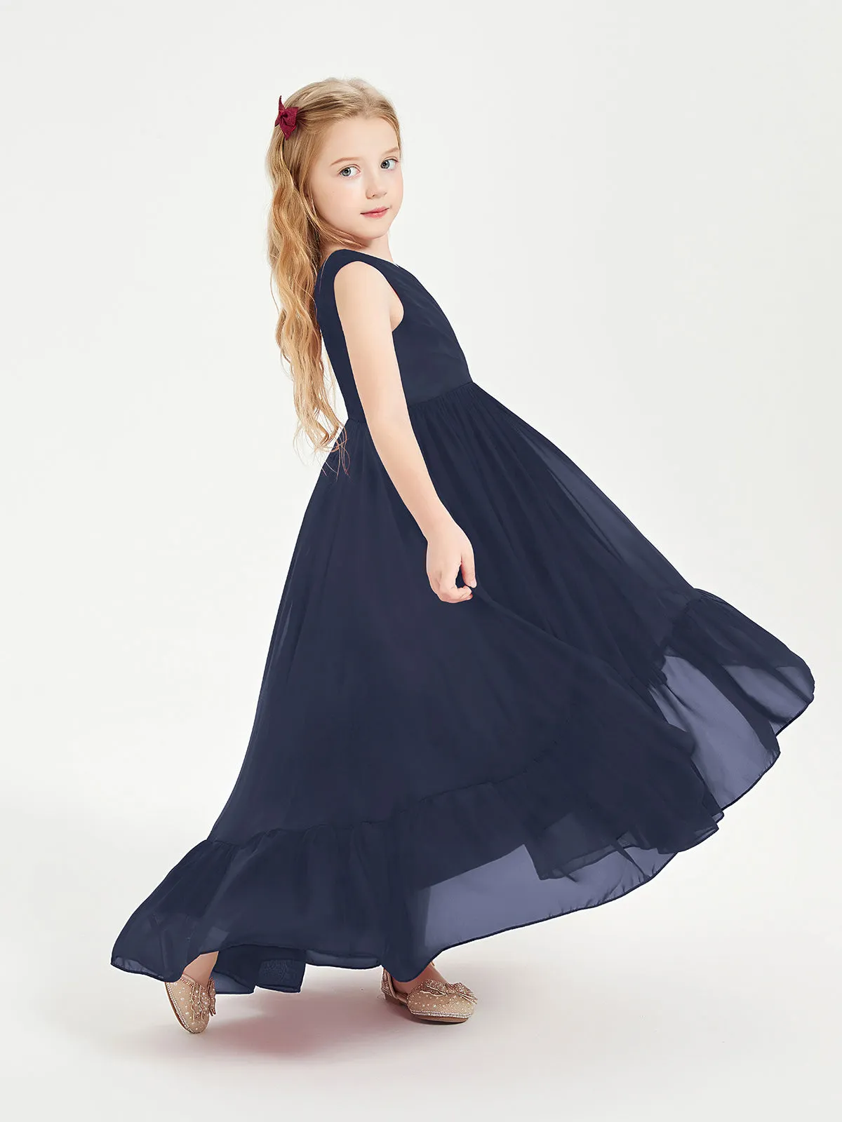 Boho Junior Bridesmaid Dresses Cascading Skirt Dark Navy