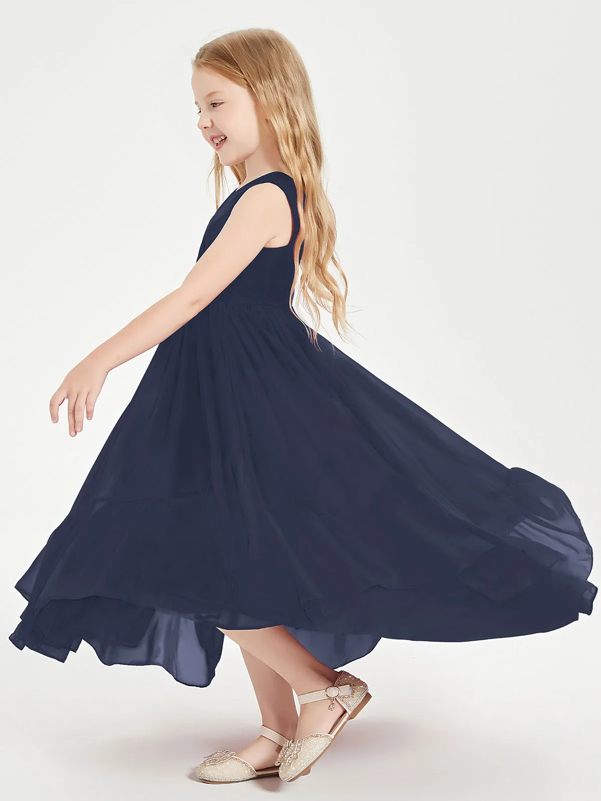 Boho Junior Bridesmaid Dresses Cascading Skirt Dark Navy