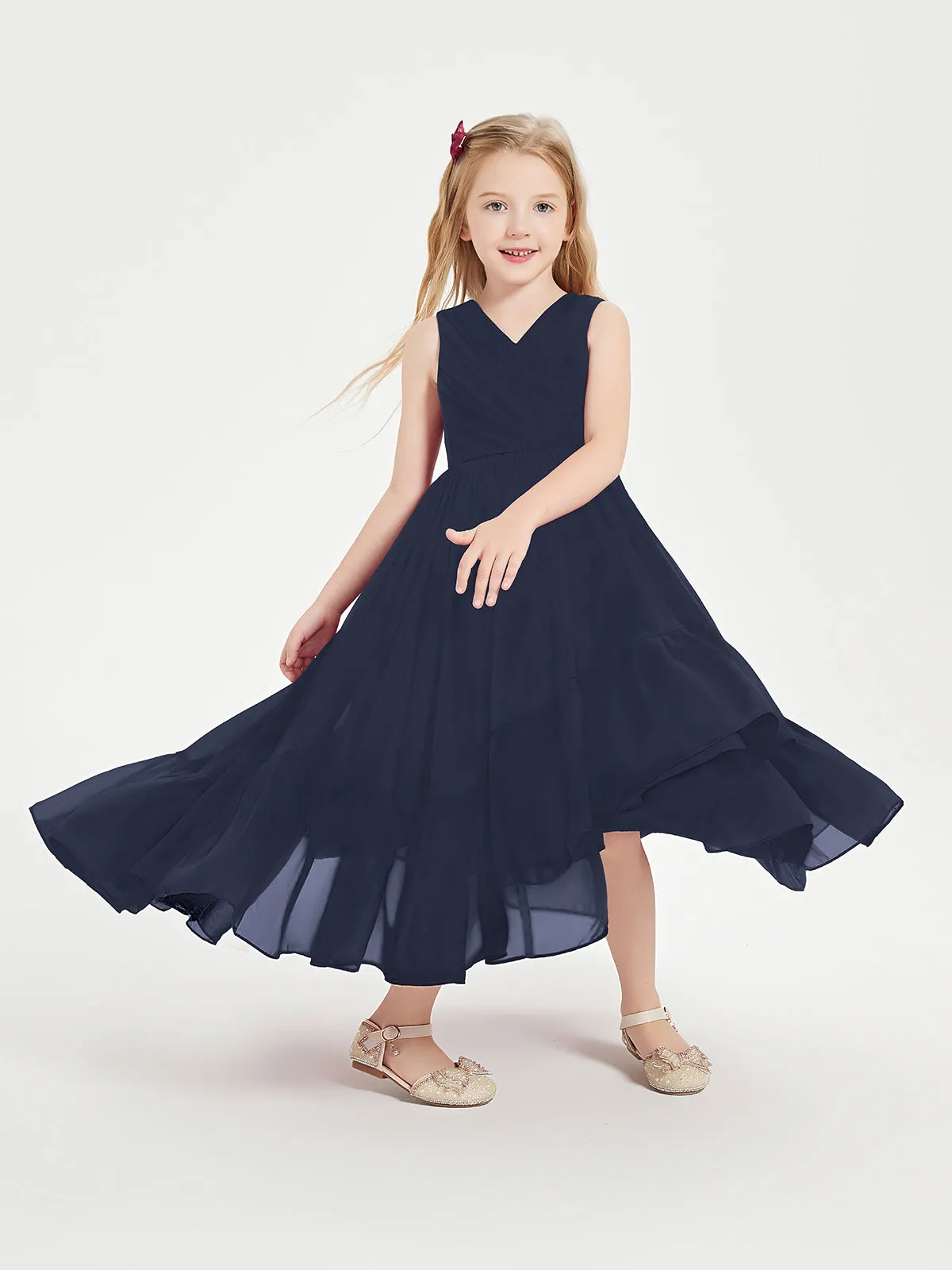 Boho Junior Bridesmaid Dresses Cascading Skirt Dark Navy