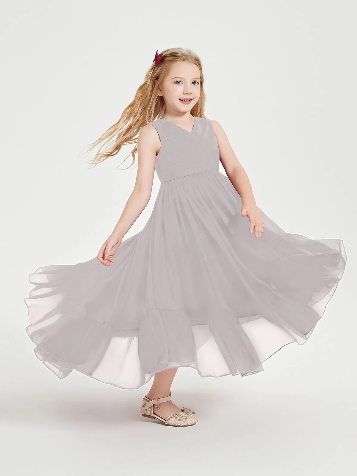 Boho Junior Bridesmaid Dresses Cascading Skirt Silver