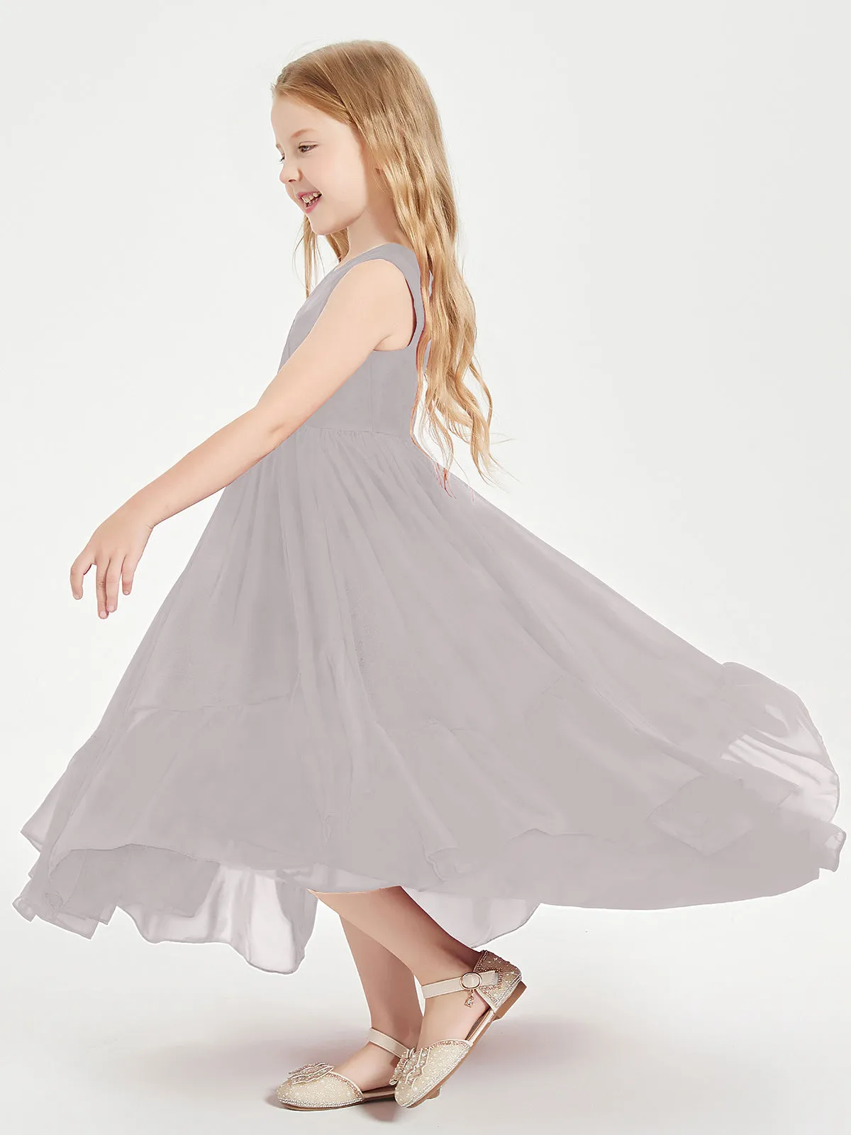 Boho Junior Bridesmaid Dresses Cascading Skirt Silver