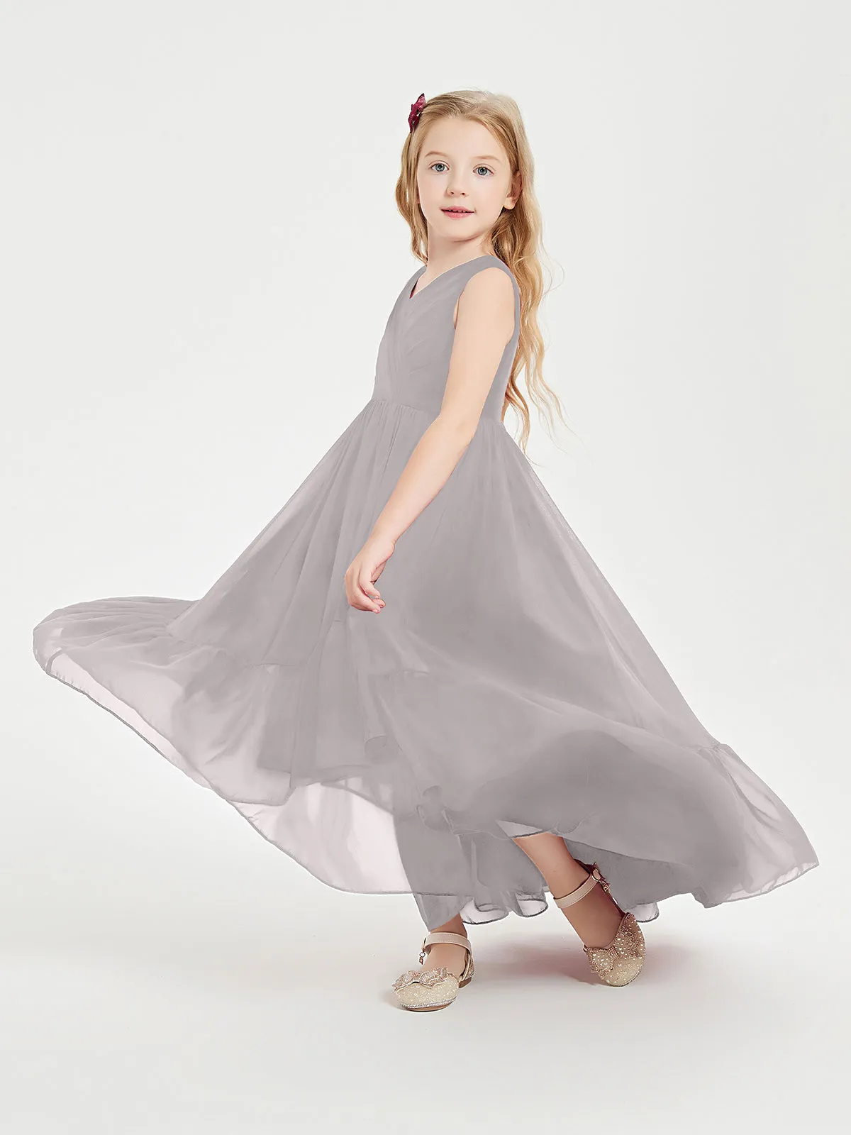 Boho Junior Bridesmaid Dresses Cascading Skirt Silver