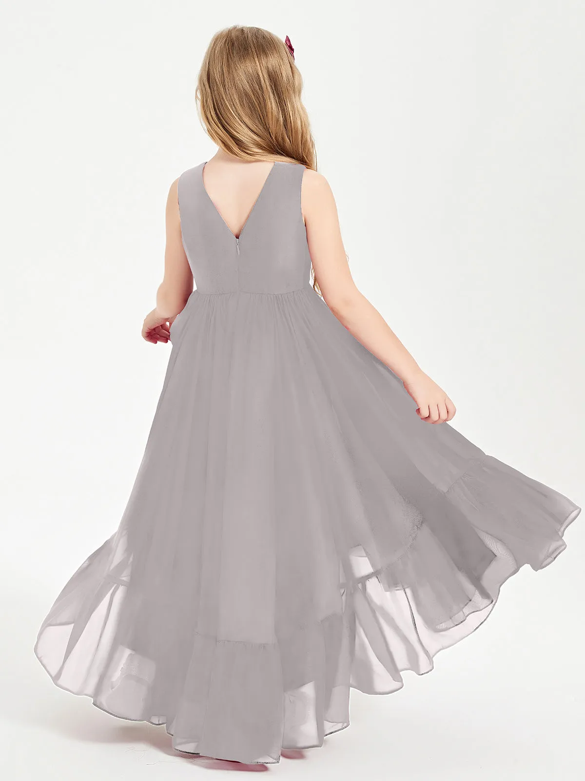 Boho Junior Bridesmaid Dresses Cascading Skirt Silver