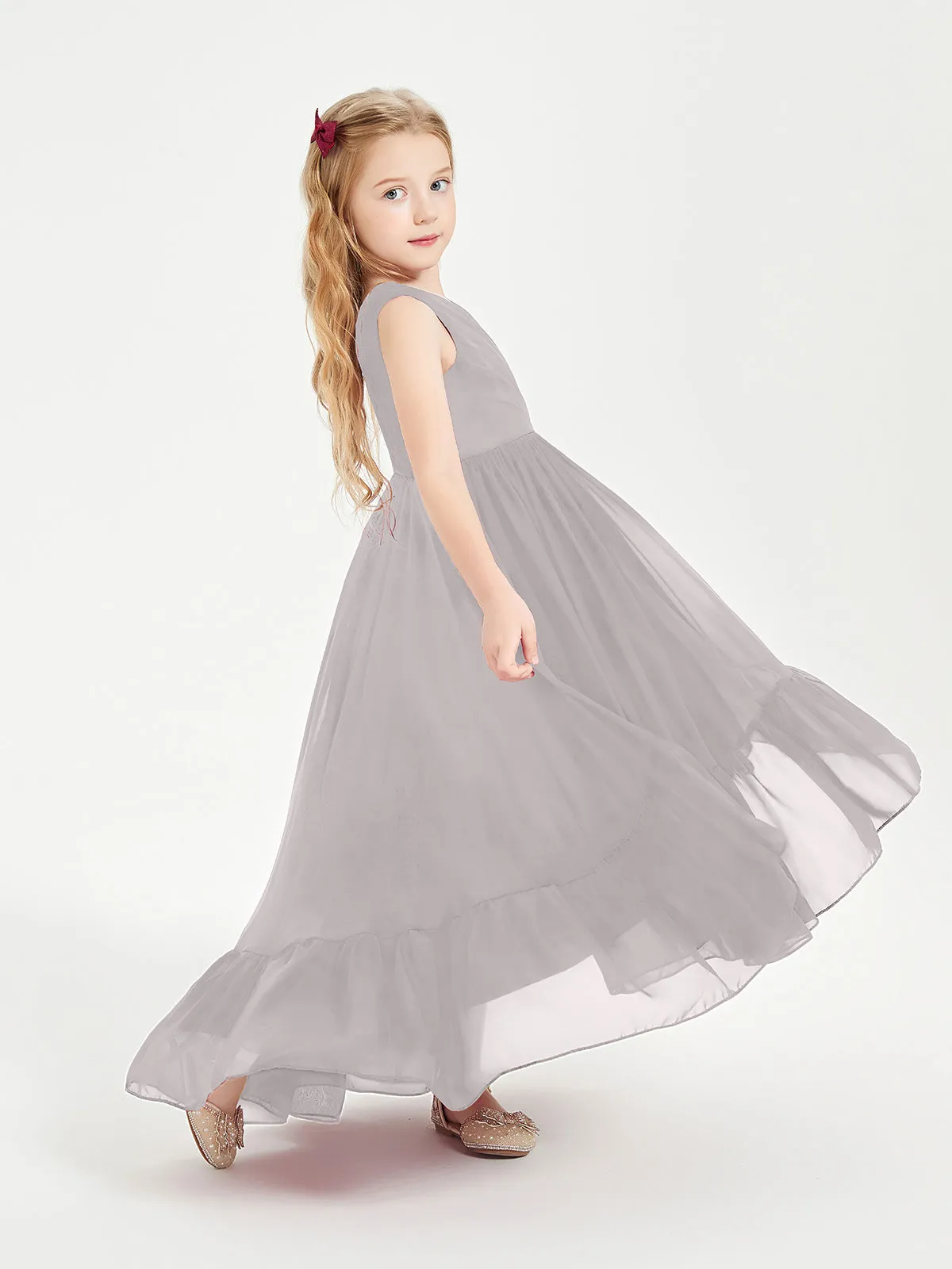 Boho Junior Bridesmaid Dresses Cascading Skirt Silver