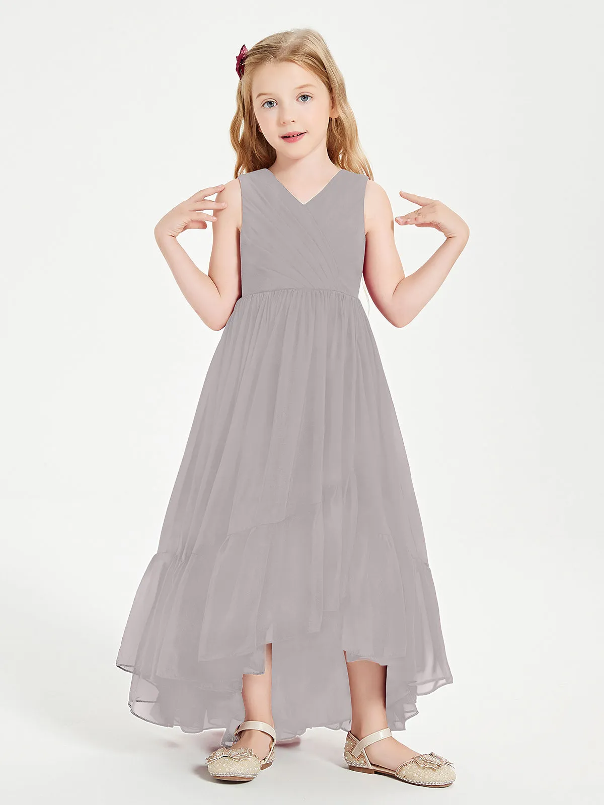 Boho Junior Bridesmaid Dresses Cascading Skirt Silver