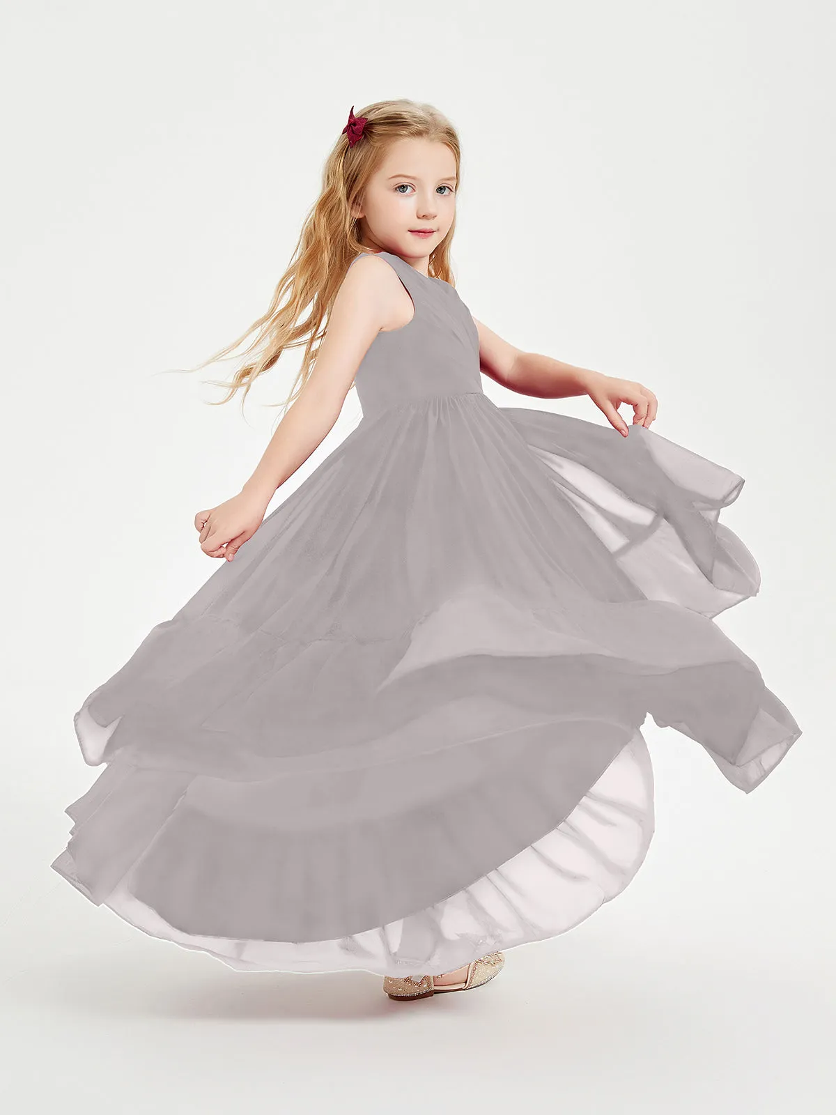 Boho Junior Bridesmaid Dresses Cascading Skirt Silver